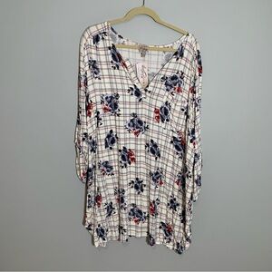 NEW Como Vintage floral plaid print elbow roll tab sleeve‎ flowy stretchy top